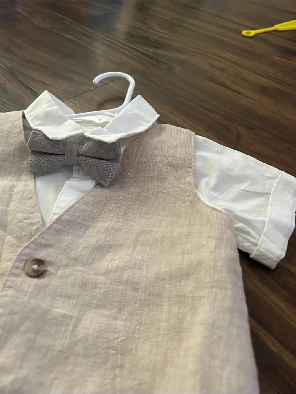 Kids Linen Vest & Shorts Set with White Shirt and Bow Tie - Beige